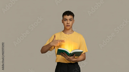 Youth holds open book, glowing light emanating.
