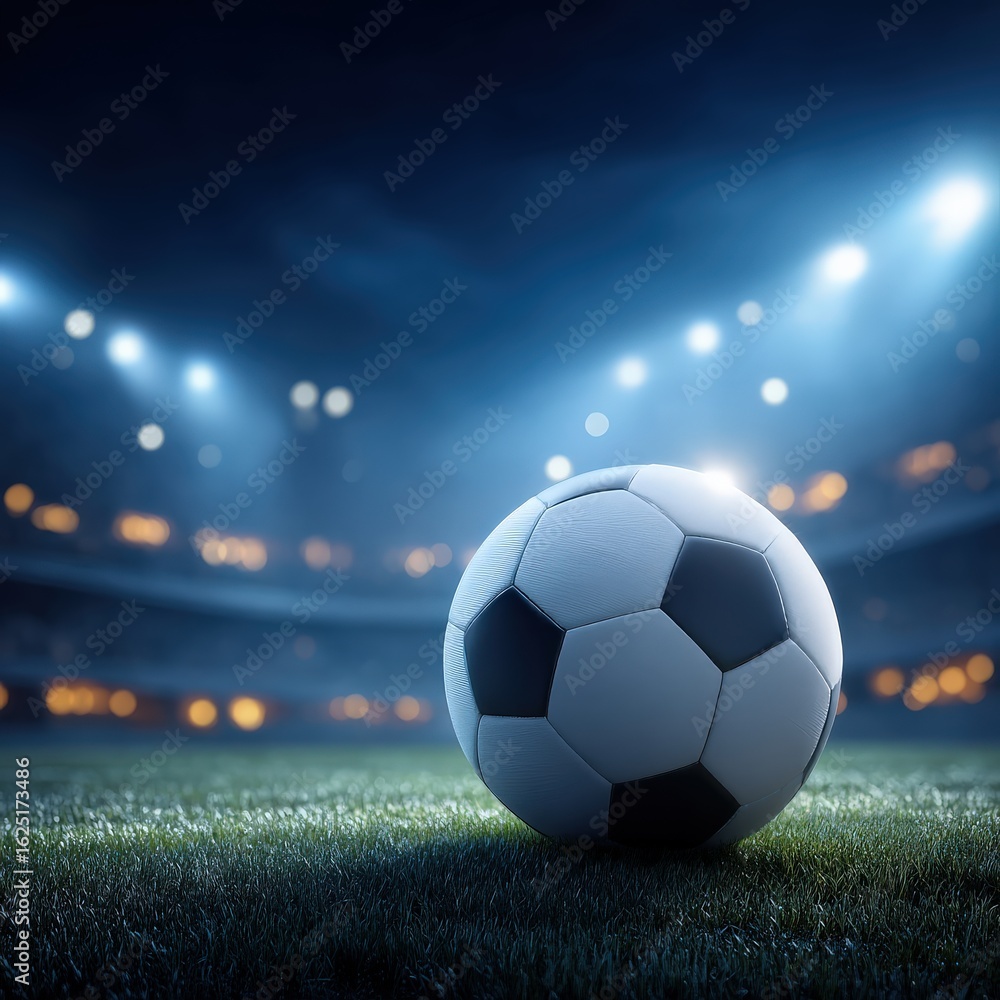 Fototapeta premium A close-up of a soccer ball on a grassy field, illuminated by stadium lights, creating a dramatic atmosphere for the game.