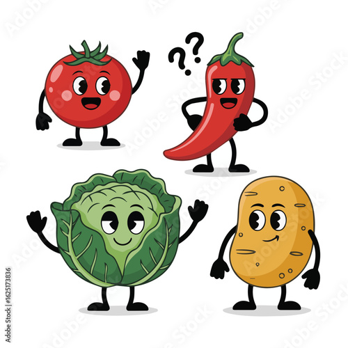 Cartoon vegetables with faces and limbs tomato chili cabbage and potato standing on a white background waving