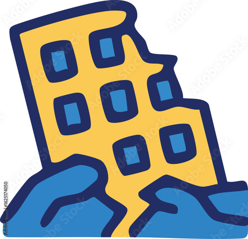 A stylized illustration of a building collapsing during an earthquake, showing damage and cracked ground.