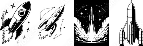 Retro rockets and starry constellations spaceship space