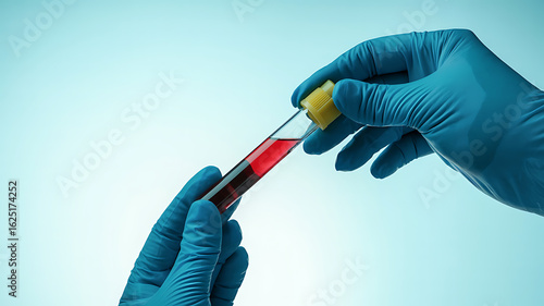 Hands in blue gloves handle a test tube with red liquid.
