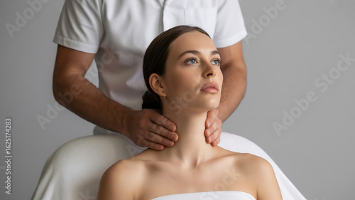 A woman receives a neck massage.
