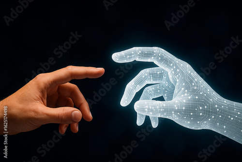A symbolic connection between human and AI: two fingertips nearly touching, evoking harmony, technology, and transformation.