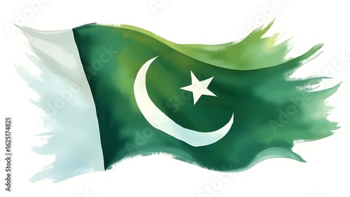 "Flag of Pakistan Waving in the Wind – National Green and White Crescent Moon Banner Flying with Sky Background for Independence Day and Patriotic Themes