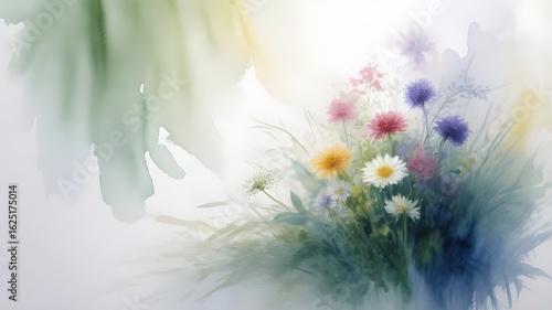 Watercolor Spring Flowers in Grass – Hand-Painted Floral Meadow Illustration with Pastel Wildflowers and Greenery