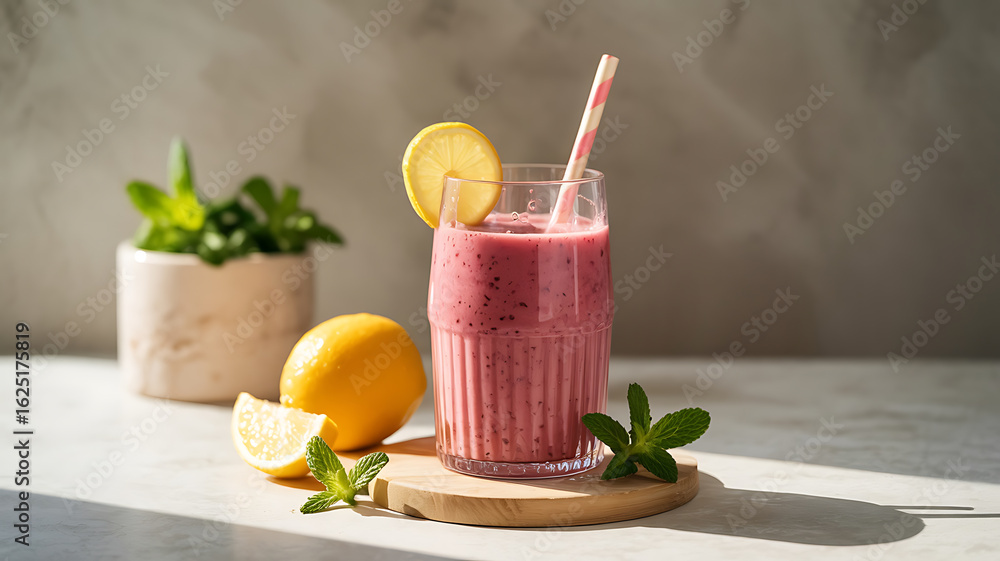 Fototapeta premium Pink smoothie in glass, garnished with lemon and mint. 