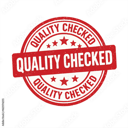Red grunge quality checked rubber stamp badge with stars, bold uppercase typography and circular design, vector emblem symbol for certified inspection, approval, warranty or guarantee label.

