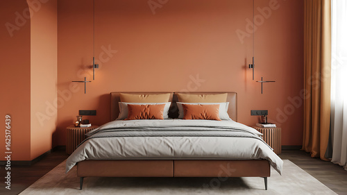 Warm terracotta bedroom with a cozy bed.
