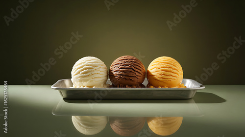 Three scoops of ice cream, vanilla, chocolate, and orange, on a metal tray.
