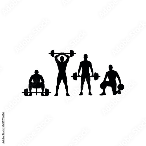 Four male silhouettes performing weightlifting exercises with barbells and dumbbells fitness
