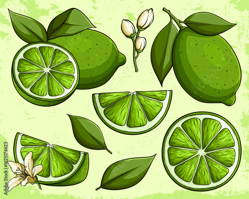 Hand Drawn Lime Set Collection – Whole Lime, Half Lime, Juicy Slices, Green Leaves, and Blooming Citrus Flowers