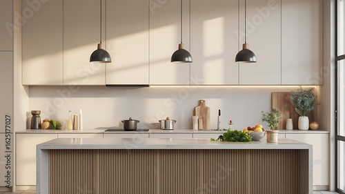 Bright, modern kitchen with white cabinets, wooden island, and warm sunlight streaming through windows.