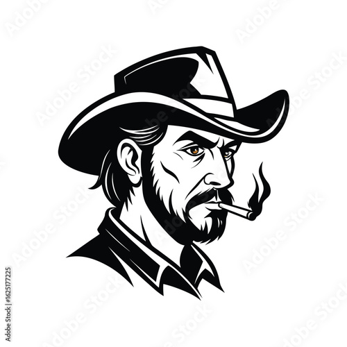 Stylized black and white illustration of a rugged cowboy with a beard and a hat, smoking a cigarette, conveying a sense of toughness and classic western imagery