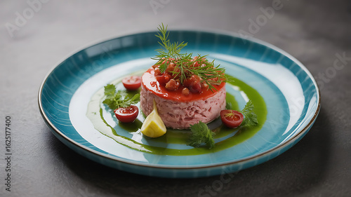Elegant chilled meat dish presented on a blue plate with vibrant green sauce and garnish.