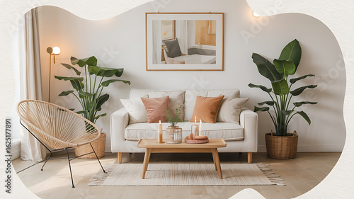 Cozy living room with light beige furniture and plants.
