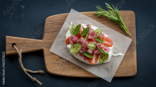 Layered appetizer with creamy base, colorful toppings.
