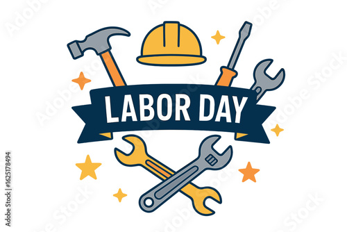 International Workers' Day is represented by a vector illustration featuring a construction helmet, wrench, hammer, and tools icon, along with a workers' holiday banner, labor rights symbols