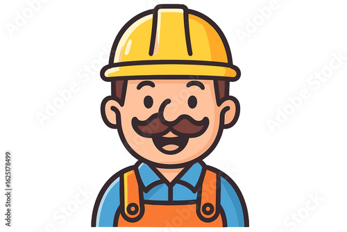 A jovial builder sporting a large mustache and wearing a hard hat is rejoicing