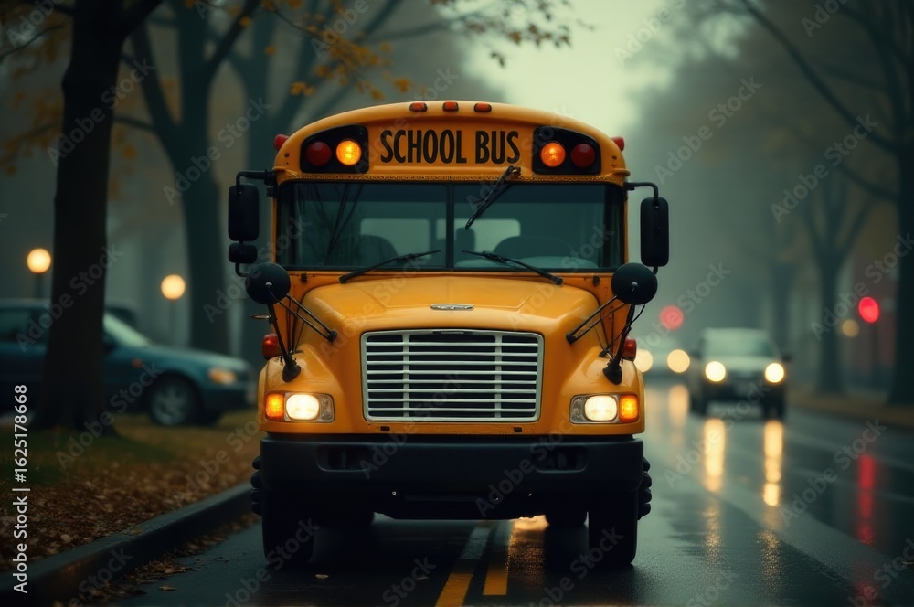 Obraz premium A school bus traveling through the rain, ideal for weather-themed or transportation-related imagery