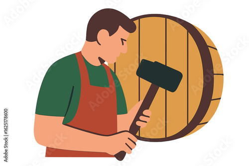 Vector illustration of a blacksmith shaping metal using a hammer and anvil in a workshop setting