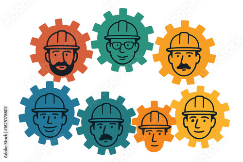 Diverse worker icons with various facial features are depicted inside gears in a yellow and black color scheme, totaling six in the collection
