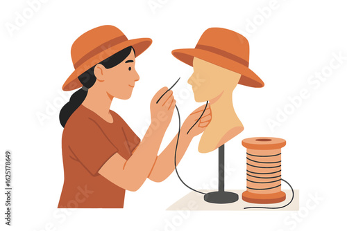 A skilled milliner carefully constructs a sophisticated orange hat on a mannequin's head