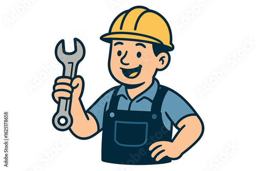 Illustration of a construction worker wearing a hard hat and holding an adjustable wrench set against a vibrant sunburst background on Labor Day