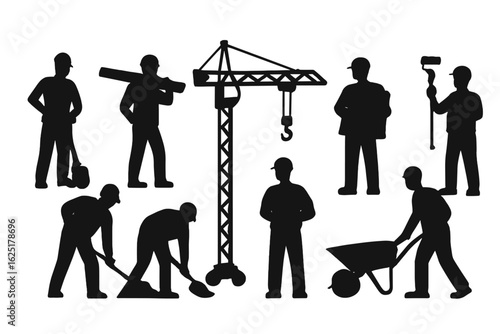 A set of silhouette icons featuring an electrician, carpenter, plumber, and general laborer, isolated on a white background for easy incorporation into design projects
