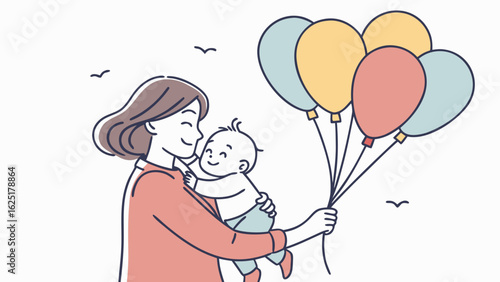 Woman hold her baby with air balloons