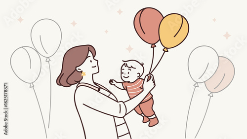 Woman hold her baby with air balloons