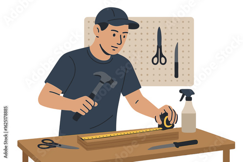 A skilled craftsman carefully measures a wooden plank with a tape measure in his workshop