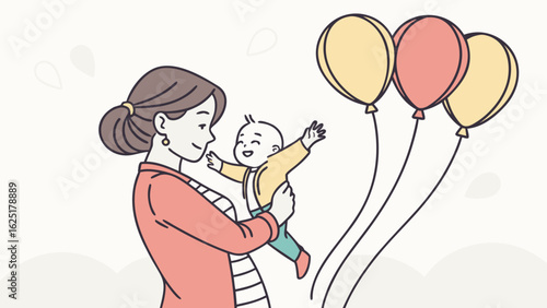Woman hold her baby with air balloons