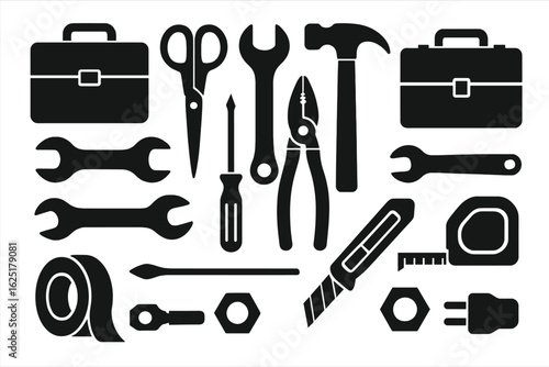 Vector icons of building equipment and construction tools including ladder, tape, bricks, and trowel in linear style