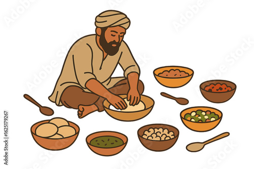 Cartoon depiction of an elderly gentleman grinding spices in a traditional rural environment