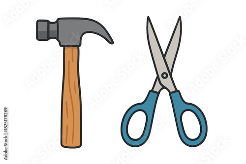 An image depicts a hammer and hand saw with wooden handles and metal heads, overlaid on a transparent background with a white base
