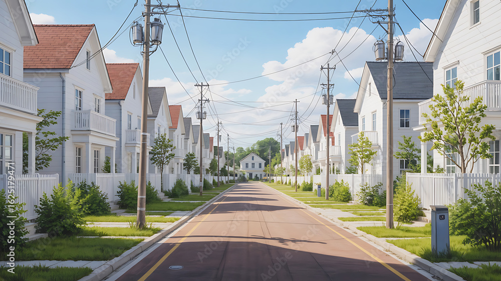 Fototapeta premium Quiet residential street lined with white houses. 