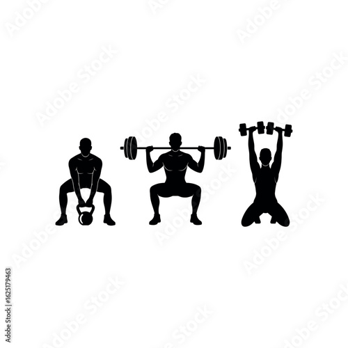 Black silhouettes of men performing weightlifting exercises fitness workout