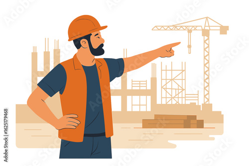 Vector illustration depicting a construction worker wearing a safety vest and helmet, holding a clipboard and providing directions