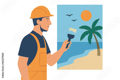 A construction worker scrapes a wall, embodying the process of home renovation and enhancement, including surface preparation for an upcoming painting project