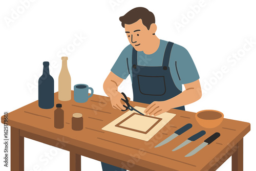 Illustration of a skilled craftsman creating a wooden picture frame in a woodworking workshop