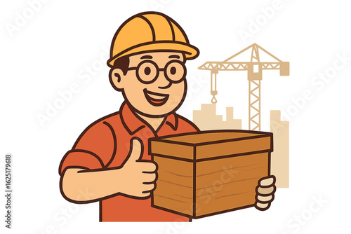 Illustration of a cartoon construction worker wearing a hardhat and standing with a wooden box, giving a thumbs up