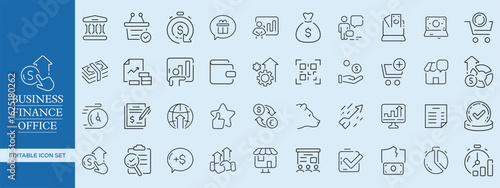 Business, Finance, and Office Outline Icon Set – Corporate, Accounting, Banking, Office Management, and Startup Essentials Vector Pack
