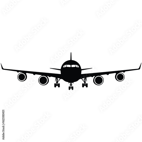 Front view of a large black airplane with six engines in silhouette against a white background