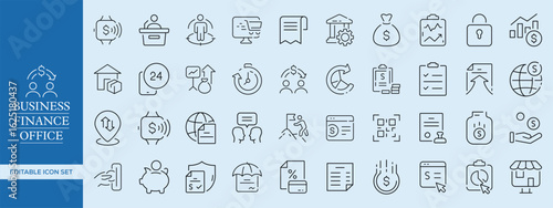 Business, Finance, and Office Outline Icon Set – Corporate, Accounting, Banking, Office Management, and Startup Essentials Vector Pack
