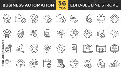 Business Automation Line Icon Set. Pixel Perfect and Outline Editable Stroke Icons collection for Optimization, Robotic Integration, Workflow, System, Process, AI, Efficiency, Productivity, Management
