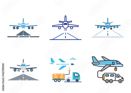 Collection of Aviation and Airport Related Vector Icons in Flat Style