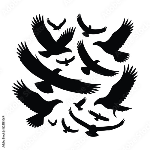 Silhouette illustration of a flock of eagles soaring together in a circular arrangement on white background
