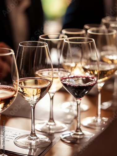 Elegant wine tasting session with diverse glasses on a table in a warm, ambient setting.