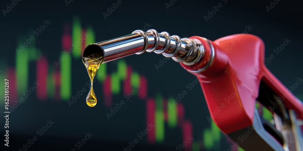 Fototapeta premium The fuel nozzle dripping oil with financial market graph background